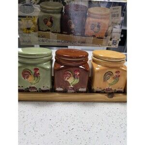 Vintage 3 piece Rooster Kitchen canister set with wooden stand